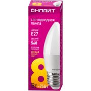 Лампа светодиодная 71 634 OLL-C37-8-230-2.7K-E27-FR 8Вт свеча 2700К тепл. бел. E27 800лм 176-264В ОНЛАЙТ 71634